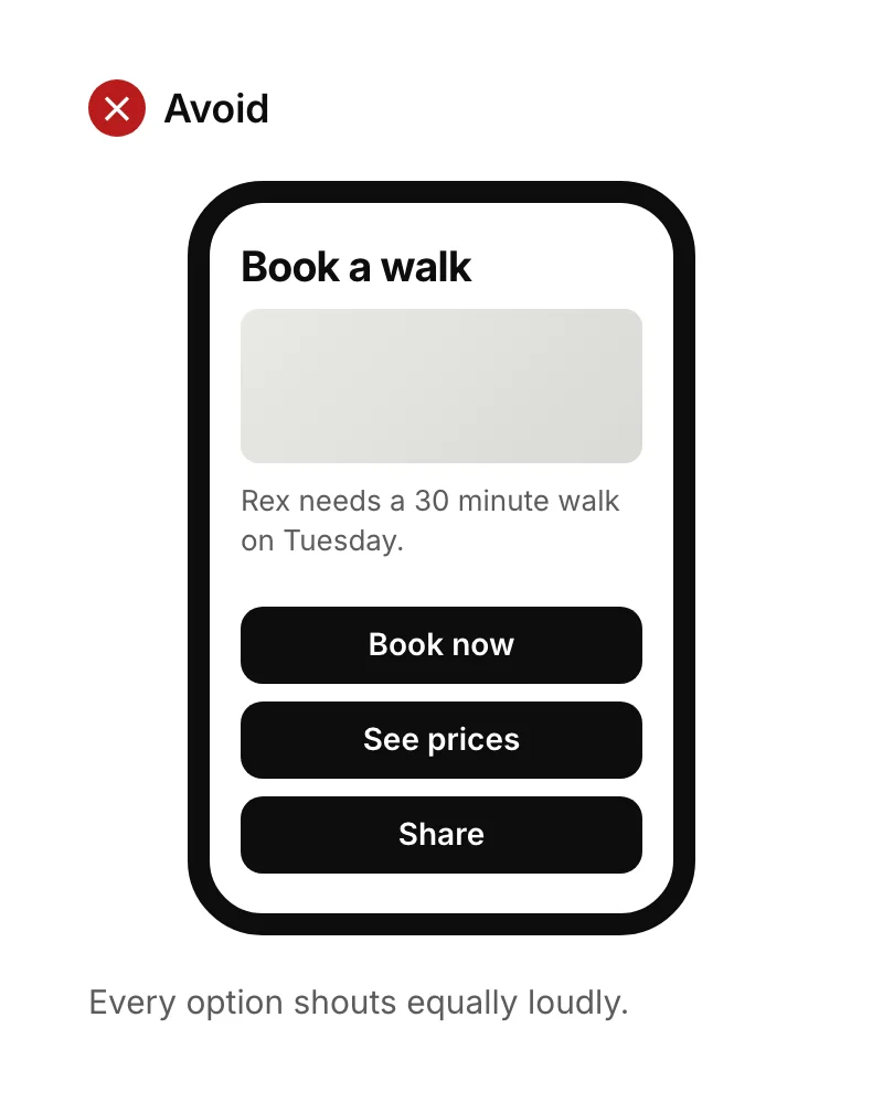 Mobile app design example to avoid: a booking screen with three equally prominent black buttons, Book now, See prices and Share.