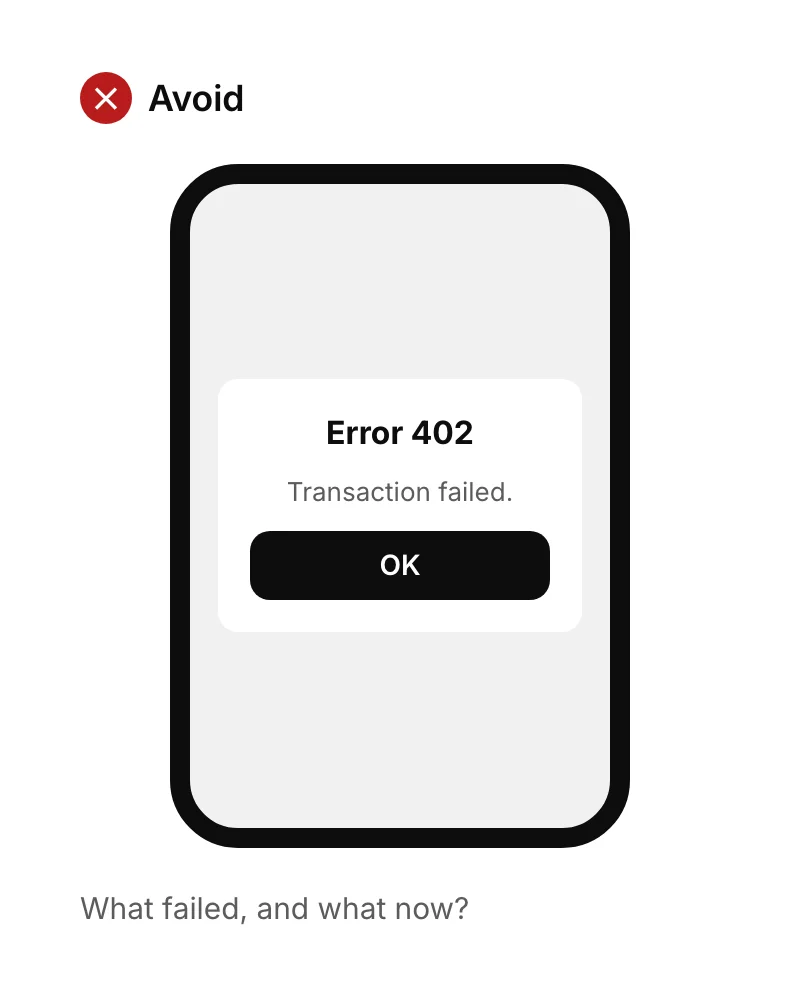A payment screen showing 'Error 402: transaction failed' with an OK button and no way forward.