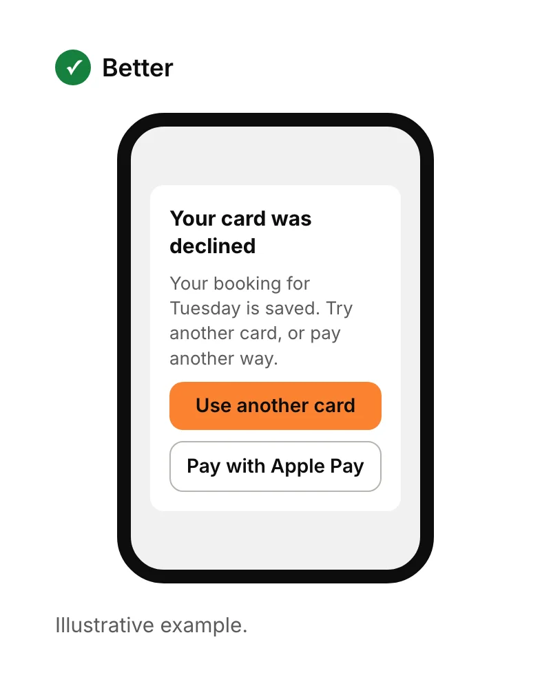 A payment screen saying 'Your card was declined. Your booking is saved. Try another card or pay with Apple Pay', with both options as buttons.