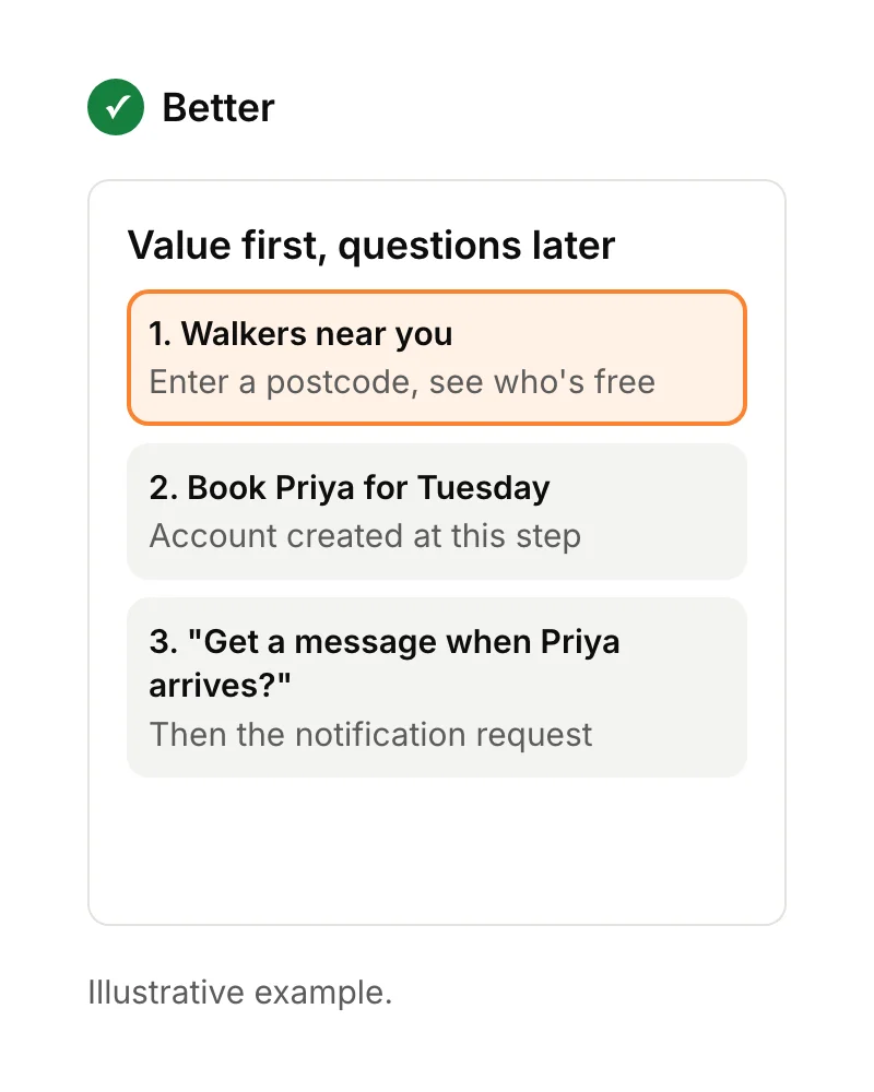 Onboarding that shows available dog walkers straight away, asks for an account only when booking, and asks for notifications after booking to send a message when the walker arrives.