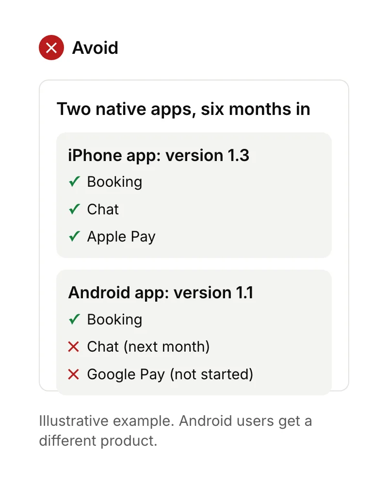 Two native apps drifting apart: the iPhone app on version 1.3 has chat and Apple Pay, while the Android app on version 1.1 has neither.