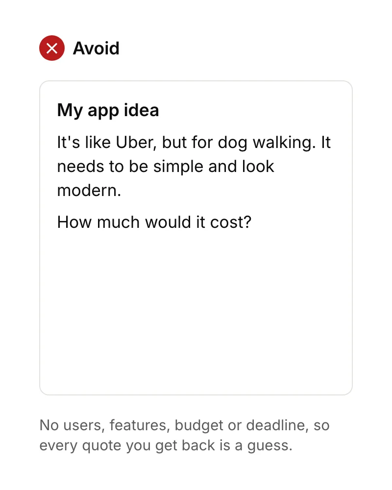 A vague app brief that only says the app is like Uber but for dog walking, should be simple and look modern, and asks how much it would cost.