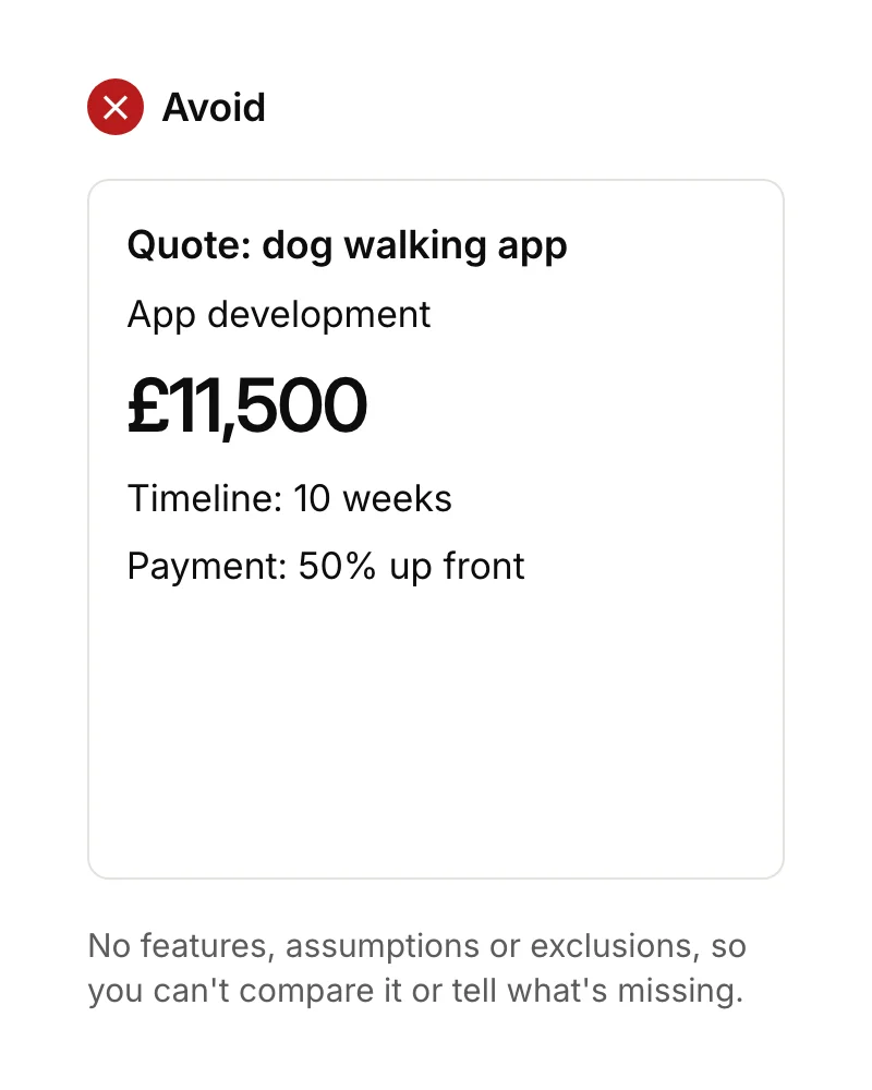 An app quote showing only a total of £11,500, a 10-week timeline and 50% payment up front.