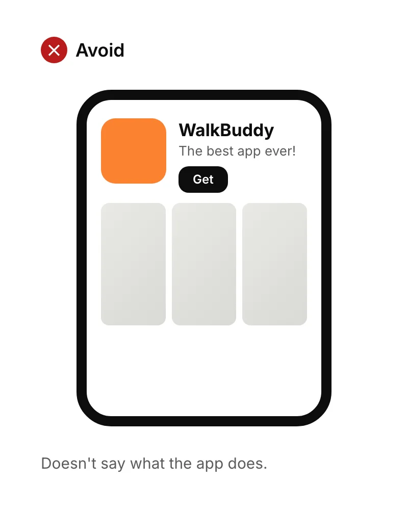 A store listing named just WalkBuddy with the subtitle 'The best app ever!', which says nothing about what the app does.