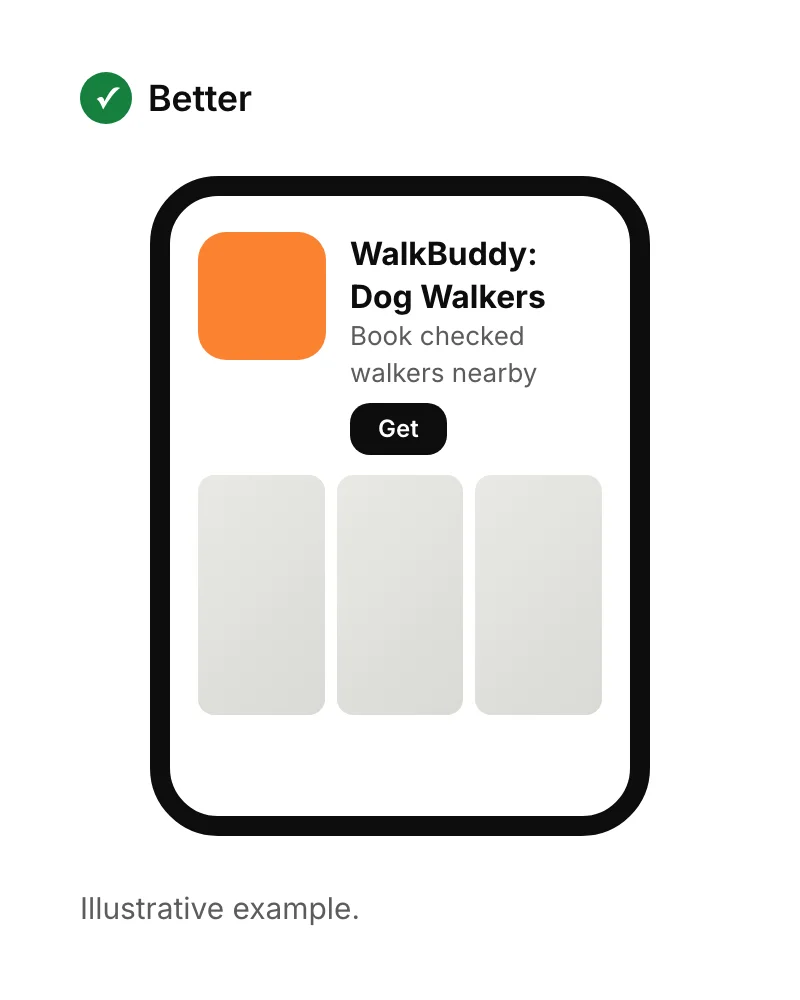 A store listing named 'WalkBuddy: Dog Walkers' with the subtitle 'Book checked walkers nearby', using the words people search for.