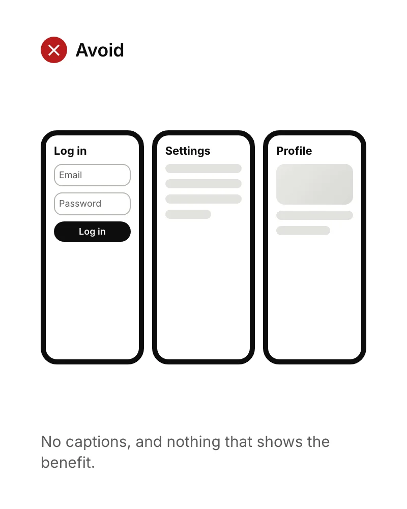 Three store screenshots with no captions, starting with the login screen and a settings page.