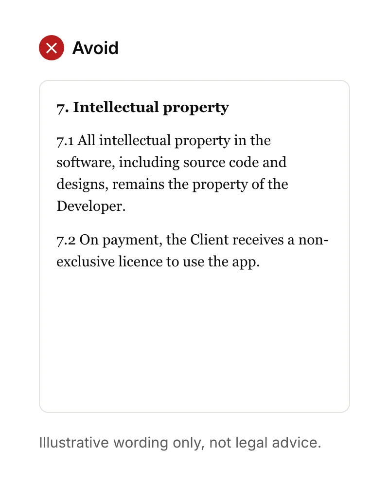 A contract clause saying the developer retains all intellectual property and the client receives a licence to use the app.