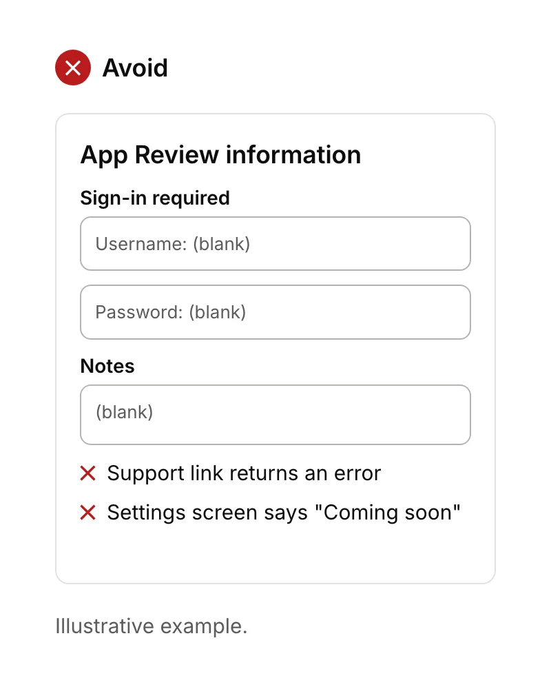 App Review information left blank for an app that needs a login, with a broken support link and a coming-soon screen.