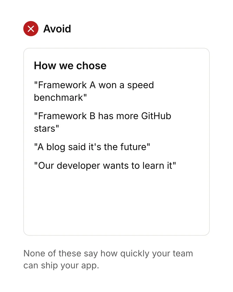 A founder choosing a framework based on speed benchmarks and GitHub stars.