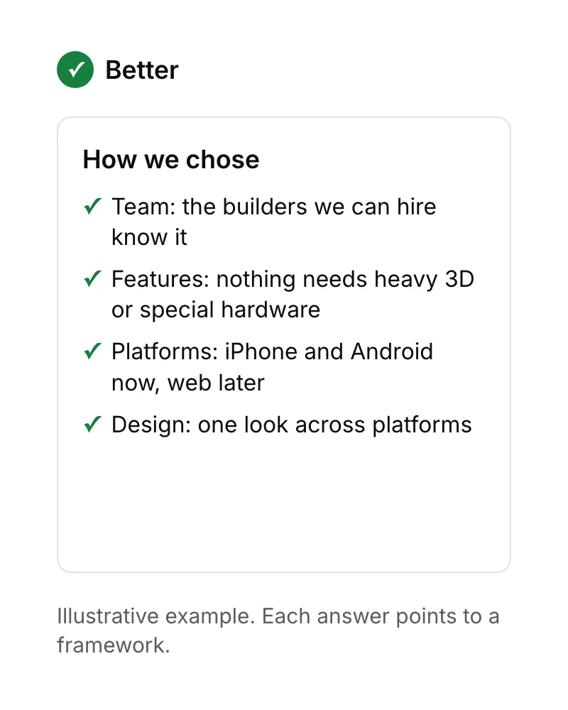 A founder choosing a framework based on their team, the features the app needs, and the platforms it must run on.