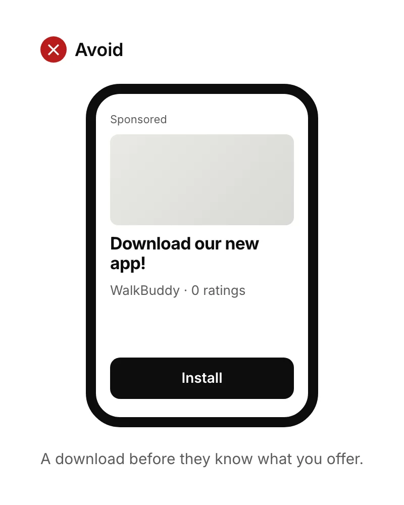 An advert asking strangers to download a brand-new app that has no reviews yet.