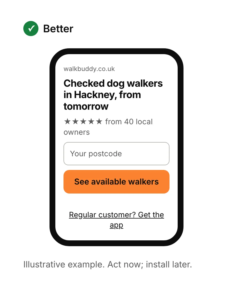 A mobile landing page where visitors can book a dog walk or join a waiting list without installing anything, with the app offered later to regular customers.
