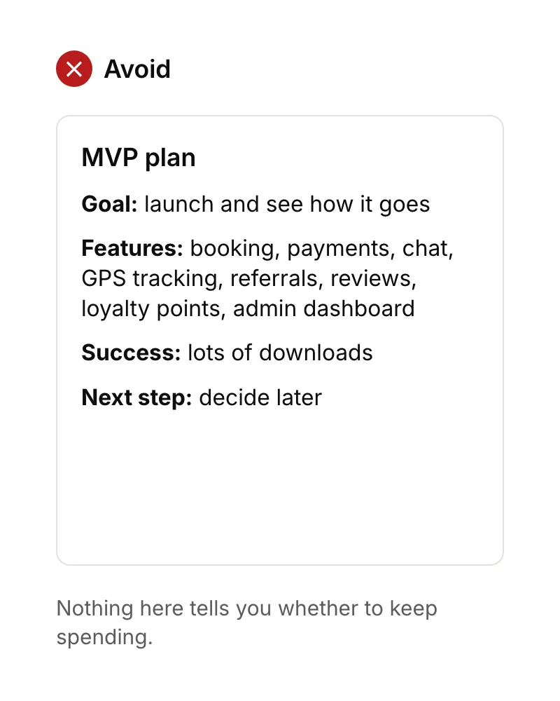 An MVP plan with the goal 'launch and see how it goes' and a long feature list.