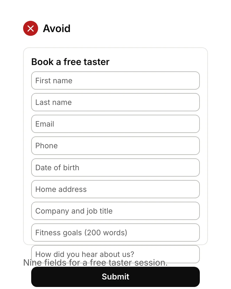 A sign-up form with nine fields, including date of birth, company size, address and how you heard about us.