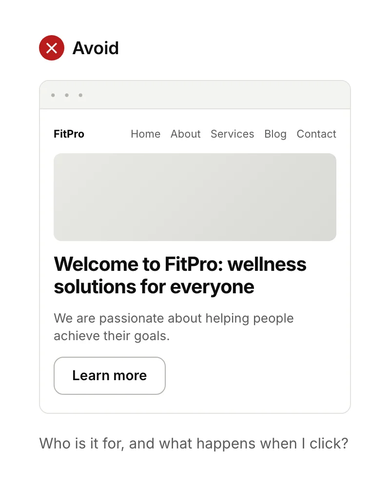 A landing page with a full navigation menu, the vague headline 'Welcome to FitPro: wellness solutions for everyone' and a 'Learn more' button.