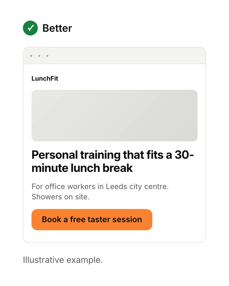 A landing page with no menu, the headline 'Personal training that fits a 30-minute lunch break', a line saying it's for office workers in Leeds, and a 'Book a free taster session' button.