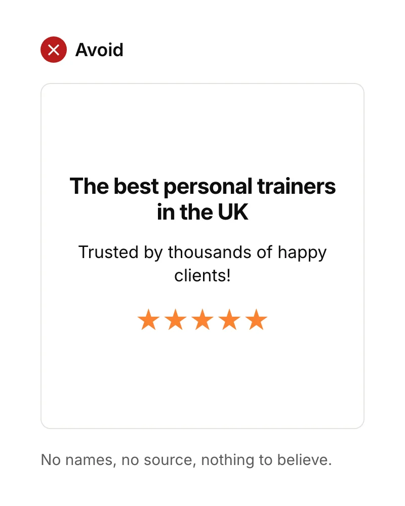A proof section with unsupported claims: 'The best trainers in the UK' and 'Trusted by thousands', with no names or sources.