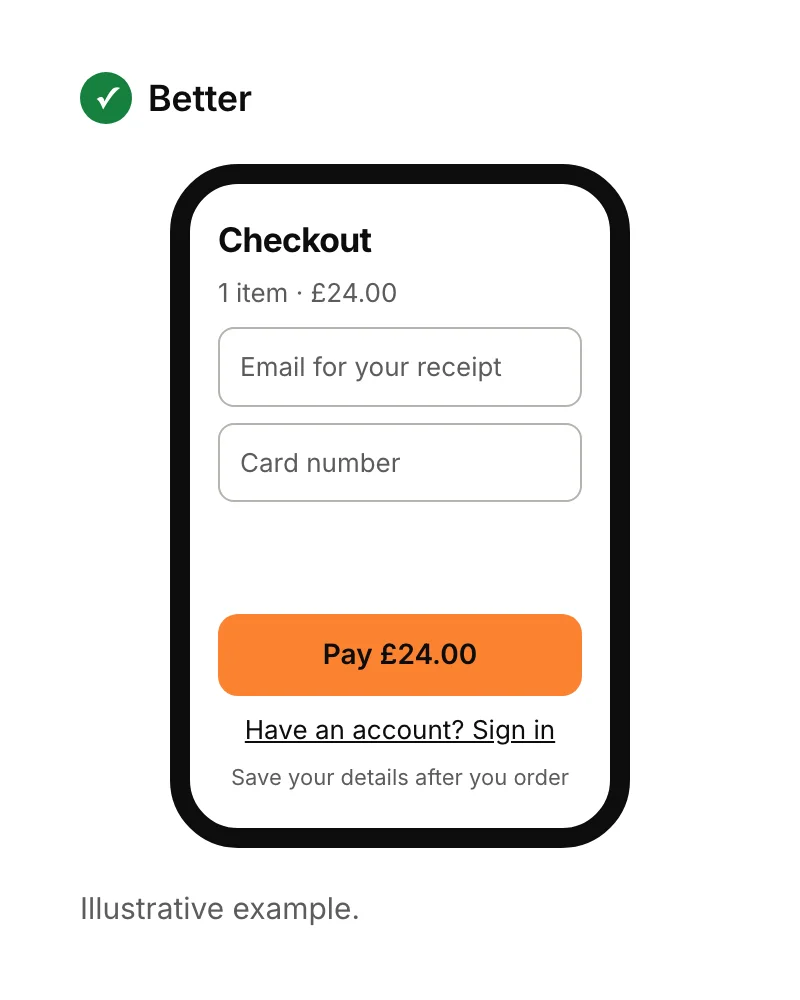 The same checkout design with a guest checkout option, and an offer to save details after the order is placed.