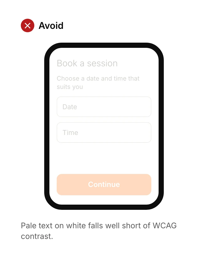 A booking form with pale grey text on a white background and a pale button, which is hard to read.