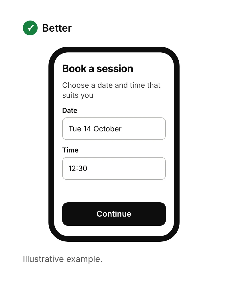 The same booking form with dark text, clear labels and a strong button that meets contrast guidelines.